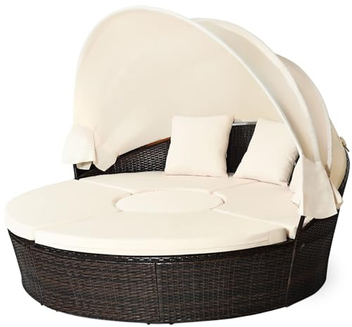 LIFEZEAL Transat Jardin Extérieur avec Coussin et 3 Oreillers, Bain de Soleil Rond avec Toit, Table Basse Réglable en Hauteur, Canapé-lit, Charge 360kg, Chaise Longue pour Piscine, Terrasse (Beige)