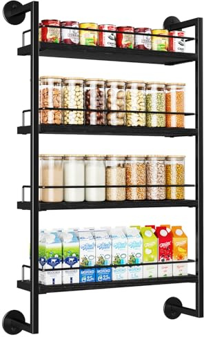 IBUYKE Étagère à Épices Murale à 4 Niveaux,Grand Organisateur d'épices Pour jusqu'à 50 Bocaux,Étagère de Rangement en Bois Pour porte de placard de Cuisine,Salle de Bain,Garde-manger,Noir TLJ016B