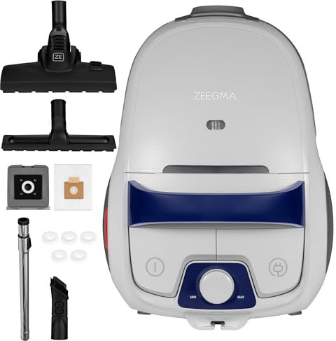 Zeegma ZONDER VERRE Klassik Staubsauger mit Beutel 2 hygienische Filter Allergikerfreundlich Hohe Saugleistung 800 W Parkettbürste Langes Kabel Reichweite 12 M Leiser Betrieb Duftpatronen