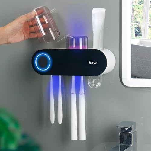 iHave Portaspazzolino per bagni, disinfettante e portaspazzolino UV Accessori per il bagno Smart Home, 2 tazze Portaspazzolino elettrico a parete con dispenser di dentifricio Decorazione per il bagno