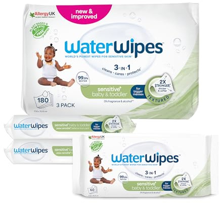 WaterWipes Sensitive+ Baby & Toddler Wipes, 180 Count (3 Packs), 3-In-1 Cleans, Cares, Protects, 99.9% Water, Textured Clean, Unscented