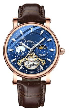 Generisch Orologio da polso sportivo da uomo, automatico con quadrante luminoso del cielo stellato, Tourbillon, cinturino in pelle argentata, 12/24 ore, alla moda, Blu, 24cm, cinghia