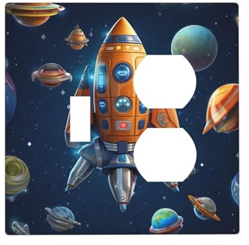 Cartoon Spaceship Rocket Wall Plates Decorative Light Switch Cover 2 Gang Outlet Covers Electrical Switchplate Thermoplastic Faceplate Cover for Decorator Device, Screws Included