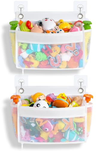 Bath Toy Holder 2-in-1 Zip-Connect Bathtub Toy Storage with 4 Suction Cups No Falling & one-Click Toy Release Quick-Dry Mesh Baby Shower Toy Holder - Kids Bath Toy Net for Tub Organizer