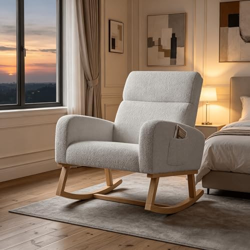 Sillón Mecedora de Lactancia con Bolsillo Lateral y Cojín, Butaca Mecedora Tapizada en Tela de Lino, Silla Mecedora Relax con Patas de Madera Maciza para Salón, Dormitorio y Lectura (Gris claro)
