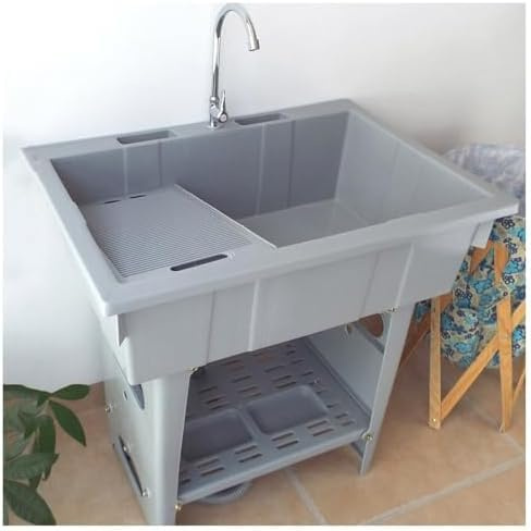 Lavandino Per Lavanderia In Plastica Indipendente Con Asse Da Bucato, Lavello Di Servizio, Vasca Per Lavanderia Per Lavanderia, Stazione Di Lavaggio A Mano Con Lave, Grey, 80*56*81cm/31*22*32in