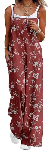 QIXING Dungarees for Women UK Summer Boho Casual Loose Wide Leg Jumpsuits Sleeveless Ladies Playsuits with Pockets(White Plum Blossom, L)