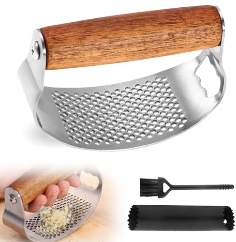 Knoblauchpresse Edelstahl, 2026 Neu Knoblauchschneider mit Knoblauch Schäler und Reinigungsbürste, Knoblauch Presse Mincer Crusher Kochgerät für Knoblauchs, Ingwer und Mehr (1Pcs)