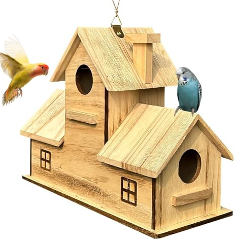 Casetta per uccelli sospesa - in legno, mangiatoia da giardino | Villa per uccelli con più ingressi, rifugio decorativo in stile , habitat per esterni, ,