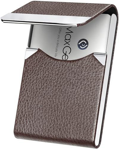 MaxGear Business Card Holder, Slim PU Leather & Stainless Steel Business Card Case for Men & Women, RFID Blocking Name Card Holder with Magnetic Closure, Coffee