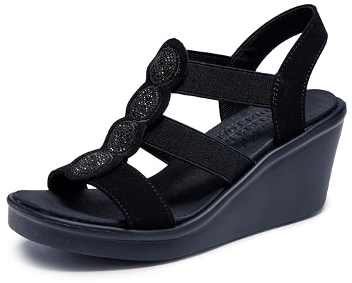 Skechers Women's Wedge Sandal, Black/Black, 6 UK
