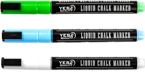 YES4QUALITY Magnetic Liquid Chalk Markers - 3 Pack - Vibrant Neon Colors with 3 mm Fine Bullet Tip, Erasable Wet Erase Pens for Dry-Erase Blackboards