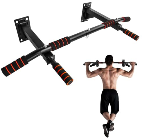 FK Sports 4-in-1 Wall Mounted Pull Up Bar | Heavy Duty Chin Up Bar with 6 Non-Slip Grips & 1 Punch Bag Hook | Multi-Function Home Gym Workout Station | Supports up to 300kg