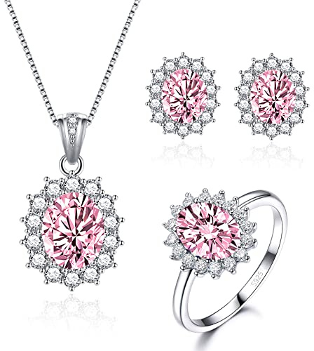 Cangall Femme Ensemble de Bijoux Argent Sterling 925 avec Zircon Cubique 5A Rose, Parure Hypoallergénique Boucles d’oreilles Collier Bague Chaîne Pendentif, Mariage Soirée Cadeau Anniversaire