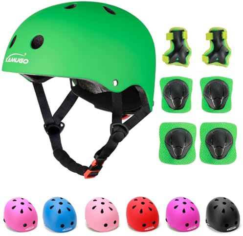 KAMUGO Kids Adjustable Helmet, with Sports Protective Gear Set Knee Elbow Wrist Pads for Toddler Age 3-8 Boys Girls, Bike Skateboard Hoverboard Scooter Rollerblading Helmet Set (Green)