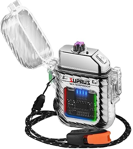 SUPRUS Accendino luminoso, 3 modalità di torcia, antivento, impermeabile, accendino elettrico, ricaricabile a doppio arco al plasma con fischietto di emergenza e cavo