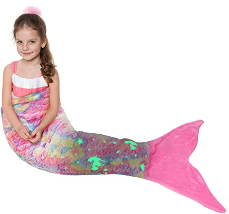 Catalonia Classy Kit Mermaid Tail Blanket with Flannel Fleece, Mermaid Fin Cuddle Blanket Sofa Sleeping Bag Camping Travel All Season Warm Washable Fluorescent Unicorn 155 x 51 cm