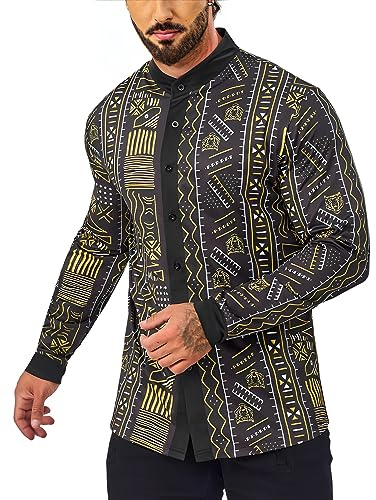 Men's Long Sleeve African Dashiki Traditional Gold Print Button Down Shirts Big and Tall African Shirts for Men Black and Gold Shirt Men Silk Shirt Long Sleeve Urban Shirts for Men Dashiki for Men