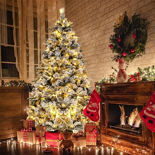 COSTWAY Sapin de Noël Artificiel de 180 cm Lumineux LED, Floqué avec 250 Lumières LED Blanches Chaudes & 752 Branches Mixtes, pour la Maison, Le Bureau & Le Carnaval, Facile à Monter