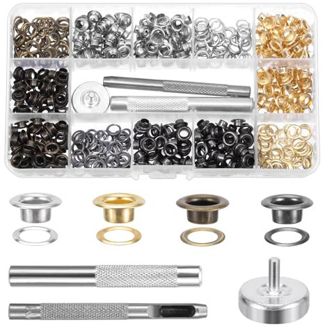 MumdoYAL 400 PCS occhielli metallici，Quattro colori，Occhielli in rame con diametro interno di 5mm, strumento di perforazione, attrezzo di montaggio e base，Adatto per scarpe, borse in pelle, ecc