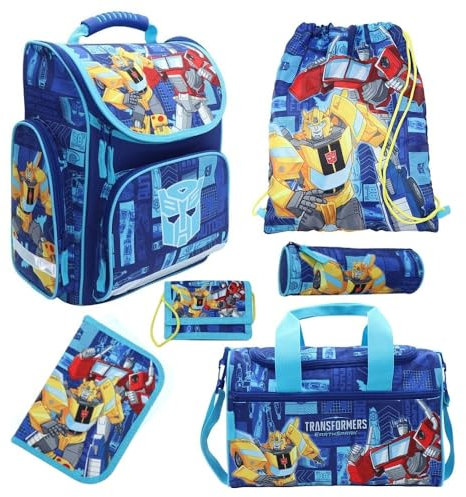 Familando Transformers Schulranzen 1. Klasse für Jungen und Mädchen · ergonomischer Tornister · Jungs Schultaschen-Set (6-teilig)