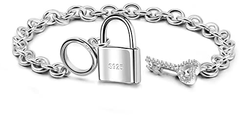 Dankadi Braccialetto con Ciondolo Lucchetto e Chiave in Argento 925 Sterling, Catena a Maglie Grosse per Donna Larghezza 6MM Ciondoli Cuore Chiave Chiusura OT Brillante per Amica Mamma, 18CM, Argento
