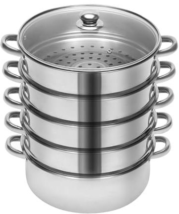 Susoso 26cm Dampfgarer, 5-Lagen Edelstahl Dampfkocher Kochtopf Warmhaltefunktion mit Glasdeckel für alle Herdarten, Silber