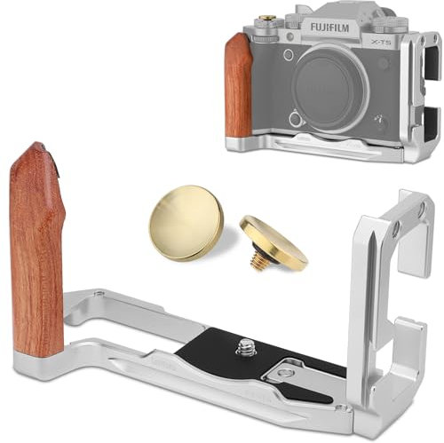 Leftfoto XT5 Maniglia a forma di L con impugnatura in legno per fotocamera Fuj XT5, con piastra a sgancio rapido Arca inferiore integrata, con pulsante di scatto in rame..
