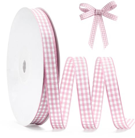 FAKILO Pink Gingham Ribbon 10mm X 22m Pink and White Buffalo Plaid Check Ribbon for Birthday Wedding Gift Wrapping DIY Crafts Hair Accessories and Home Decor