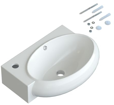 Tvättställ keramiskt tvättställ hängande tvättställ litet handtvättställ vitt kantigt oval 44 x 29 cm badrum gäster WC | kranhål vänster | bräddavlopp | stavskruvar | UTAN kran | UTAN dräneringsventil