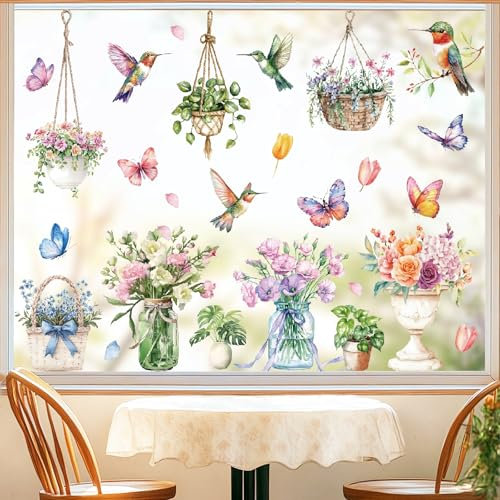 9 Blatt Fensterbilder Frühling und Sommer Selbstklebend, Deko Innen Fensteraufkleber, Fensterfolie mit Blumen Vögel Schmetterling, Fenstersticker für Fenster