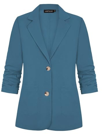 LADI TREND Blazer d'été léger à manches 3/4 froncées en coton et lin pour femme avec poches à boutons, Bu-blue, XXL