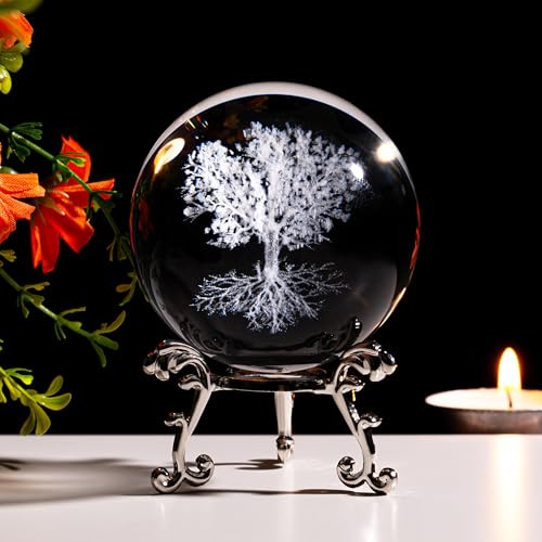 SAHOOTTIE 60mm 3D Tree of Life Crystal Ball Glass Paperweight Ornament For Women Living Room Decor Gift