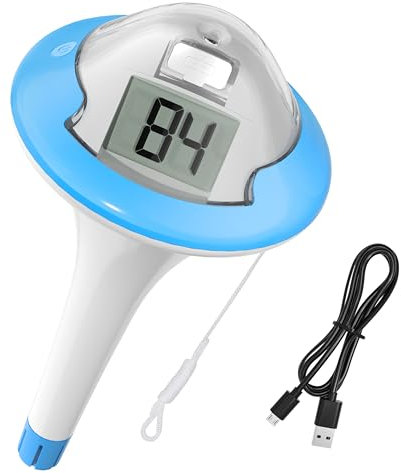 BALDR Thermomètre de piscine à double écran avec écran ultra lumineux | Thermomètre flottant rechargeable | Design étanche de haute précision | Angle de vision de 300° et grands chiffres (bleu)