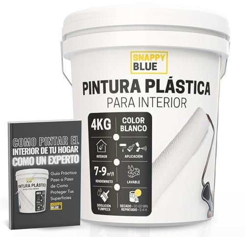 Snappy blue [4L] Pintura Blanca Interior Lavable de aspecto Mate, Pintura Plastica Blanca Interior para Múltiples Superficies con Alta Transpirabilidad, Pintura Pared (4L)