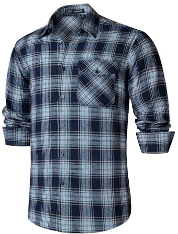 HISDERN Men's Casual Flannel Checked Plaid Shirts with Pockets Regular Fit Cotton Lumberjack Shirt Long Sleeve Navy Blue L
