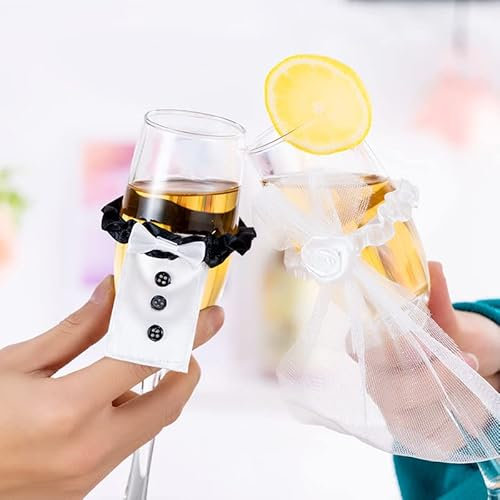 GWAWG 4 decorazioni per matrimoni per bicchieri da champagne Mr & Mrs, rivestimento in vetro, decorazione per matrimonio, coppia di sposi, decorazione da tavolo, fidanzamento, decorazione per spumante