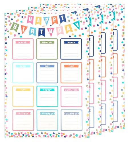 Penitue 4 Pcs Happy Birthday Calendar Chart, Hanging Colorful Birthday Reminder Chart Poster with Confetti Design Reusable Classroom Bulletin Board Decoration for Classroom Wall Decor Display