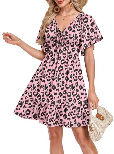 AUSELILY Summer Dresses for Women UK V Neck Ruffled Short Sleeve Dress Drawstring Waist A-Line Knee Length Ladies Beach Dress with Pockets