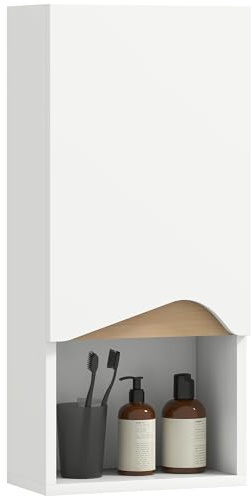 HOMCOM Mobiletto Bagno Sospeso con Ripiano Aperto e Armadietto Soft Close, Pensile Bagno con Ripiano Regolabile, Mobile a Parete Multiuso Salvaspazio, 30x17x67 cm, Bianco e Color Legno