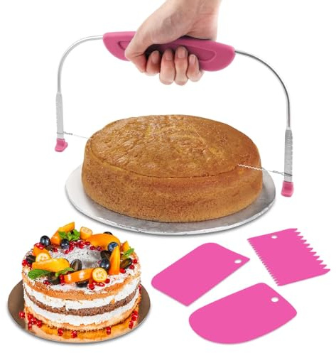 Adjustable Cake Leveler Cutter With 3PCS Cake Scrapers Set,Baking Supplies Tool for Kitchen,Large Size Cake-Cutter Slicer for Leveling,Single Stainless Steel Wire & Plastic Handle(COLOR:Rose Red)