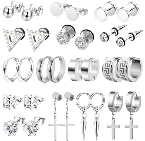 15 Pairs Men's Earrings Set - Stainless Steel Hoops, Studs and Dangles | Unisex Y2K Jewellery Set, Mix-And-Match Gothic Styles, Cross And Chain Details, Silver-Tone Finish, For Daily Outfit Changes