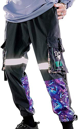 XYXIONGMAO Men's Functional Black and Purple Reflective Joggers Overalls Ribbon Techwear Sweatpants Hip Hop Streetwear Cargo Pants for Men (Black, XL)