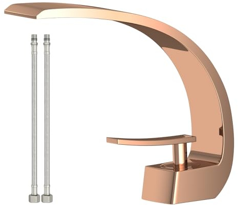 Rose Gold Modern Bathroom Sink Faucet, 1 Hole Single Handle Deck Mount Vanity Mixer Tap, Solid Brass Faucet with Deck Plate for Basin Sink