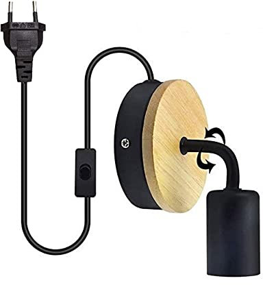 Applique murale LED avec prise européenne en métal et bois - Veilleuse moderne 220 V - Câble de 1,6 m - Culot E27 - Lampe de lecture pour couloir, café, loft bar,Ampoule non incluse (Noire couleur)