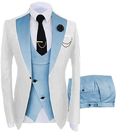 Wangyue Smoking Pour Homme 3 Pièces - Coupe Ajustée - Double Boutonnage - Blazer Tux - Pantalons - Costumes de Mariage, Blanc/Bleu Ciel, Taille L
