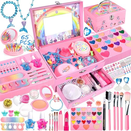 MOYKSRR Kinderschminke Set Mädchen Kinder Make Up Set, 65 Stück Waschbar Schminke Kinder Make Up Set Mädchen Spielzeug, Halloween Weihnachts Geburtstags Geschenke für Mädchen 5 6 7 8 Jahren