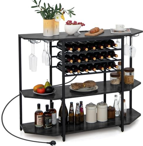 COSTWAY Wine Cabinet, 3 Tier Kitchen Sideboard with 2 AC Outlets, 2 USB Ports, Glass Holders, Wine Rack and Adjustable Footpads, Coffee Bar Table Drinks Cabinet for Living Room Dining Room (Grey)