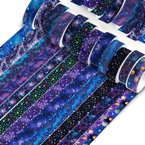12 Rolls Washi Tape Set Galaxy DIY Decorative Washi Masking Tape Purple Aesthetic Washi Tap Starry Sky Arts Crafts Scrapbooking Tape Universe Vintage Japanese Tape for Journal Wrapping Planners Gift