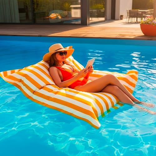 LIVEDECO - Pouf Géant XXL Déhoussable, Flottant pour Piscine, Jaune Rayé Deauville Pool BiG52